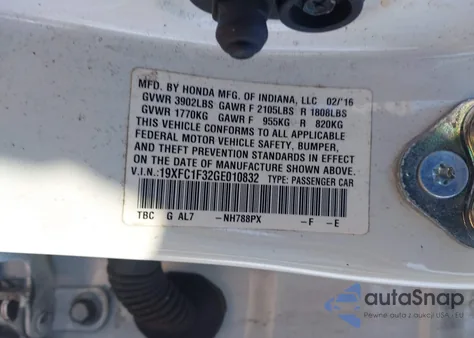 2016 Honda Civic Ex-T from USA, damaged, VIN 19XFC1F32GE010832